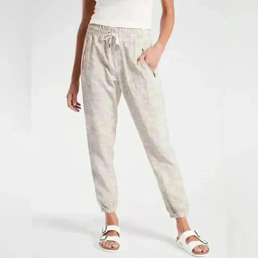 Athleta Camo Cabo Linen Jogger Athleisure Travel Lifestyle Pant Size 4